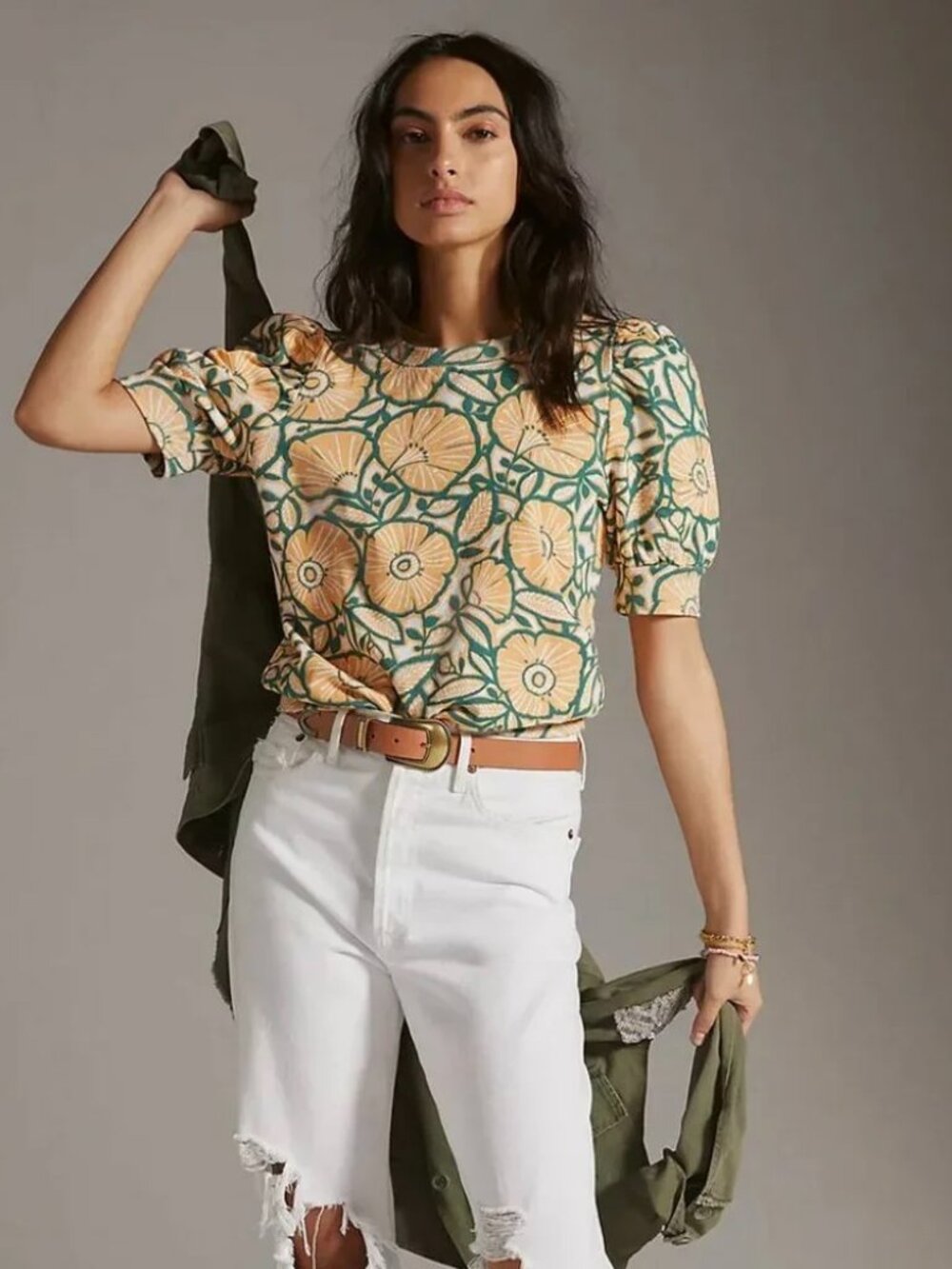 Anthropologie T.La Orange Green Floral Puff Sleeve Pullover Top